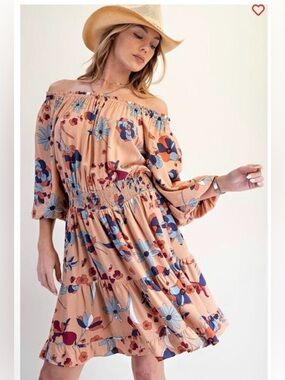 Easel NWT S ON/off Shoulder Floral Tiered peach floral mini Dress